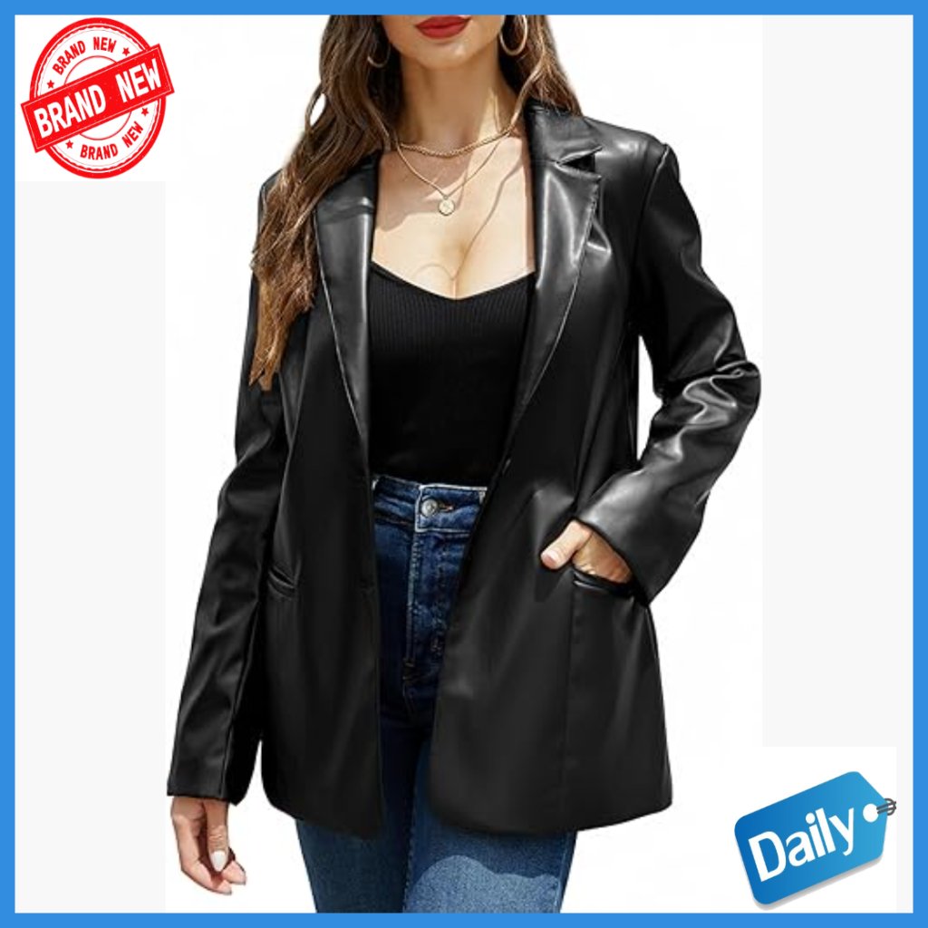 Faux Leather Blazer Jacket Long Sleeve Button Down Lapel Coat